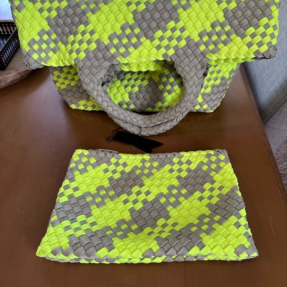 Naghedi Designer Neon Yellow and Gray Woven Hobo Tote and Cosmetic  Bag Set